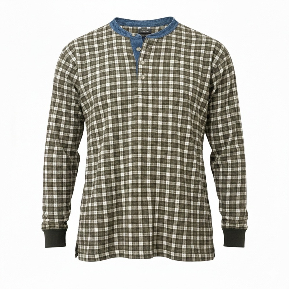 VTG High Sierra 90s Brown Plaid Flannel Henley Shirt Denim‎ Collar Long Sleeve L